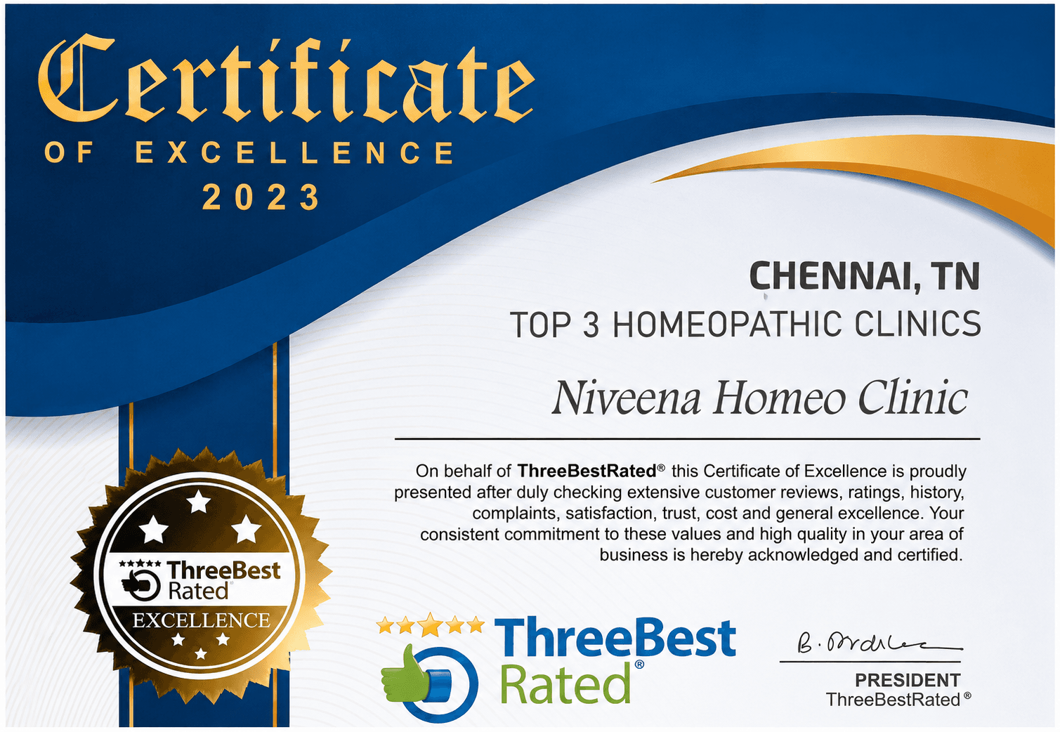 2023 ThreeBestRated Certificate of Excellence for Niveena Homeo Clinic