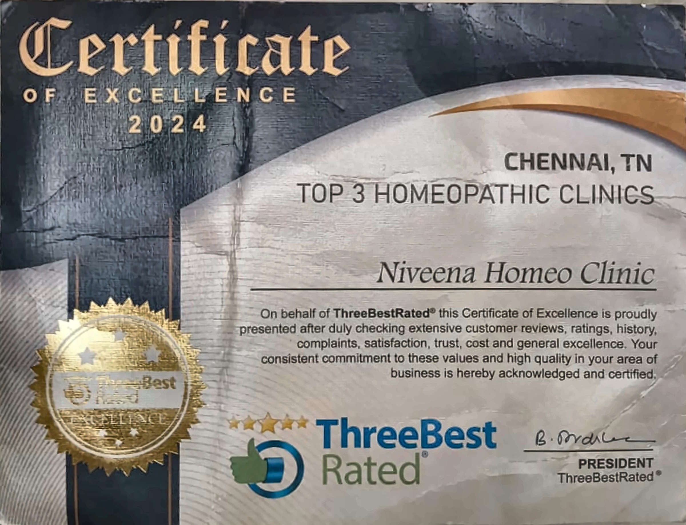 2024 ThreeBestRated Certificate of Excellence for Niveena Homeo Clinic