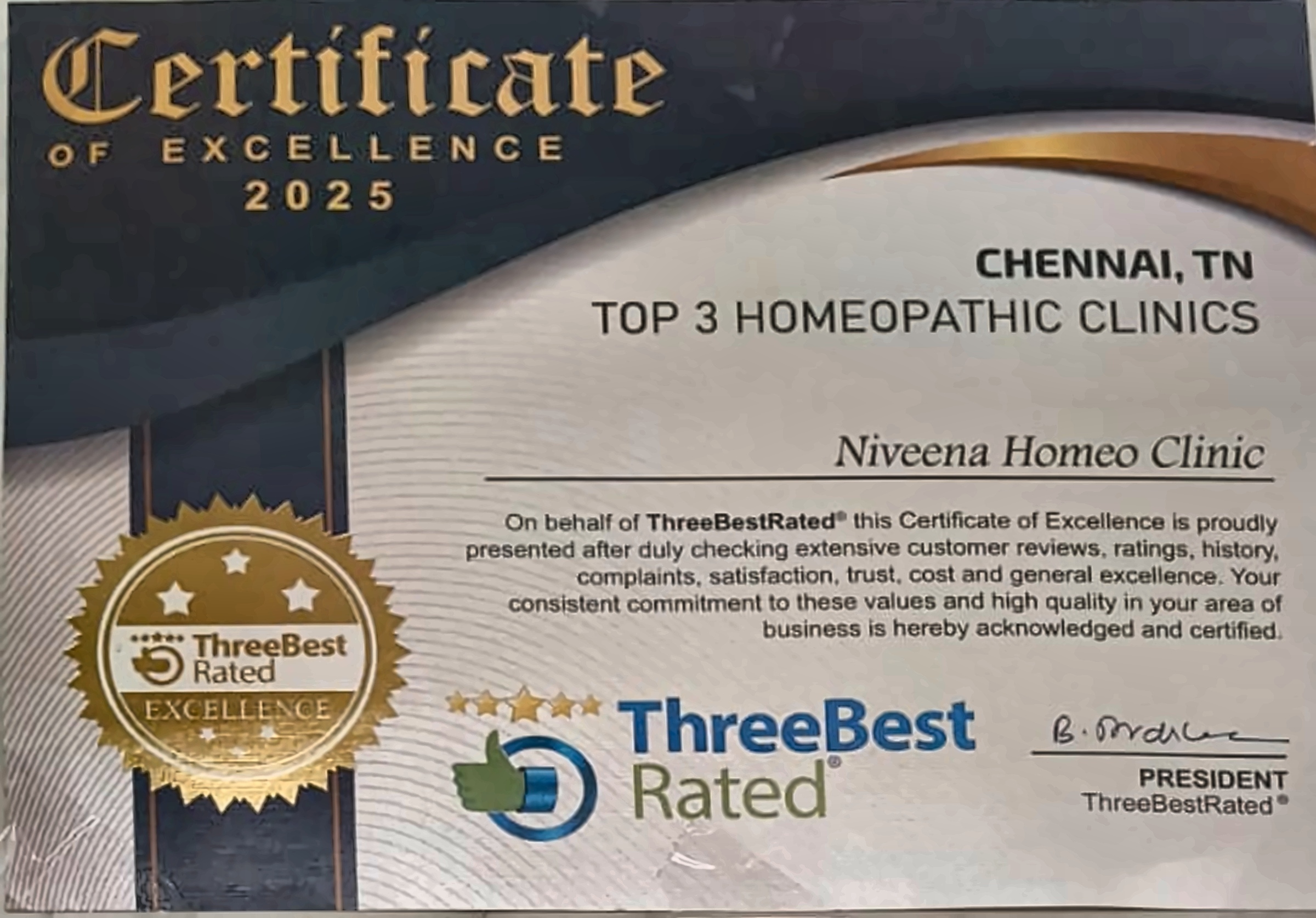 2025 ThreeBestRated Certificate of Excellence for Niveena Homeo Clinic
