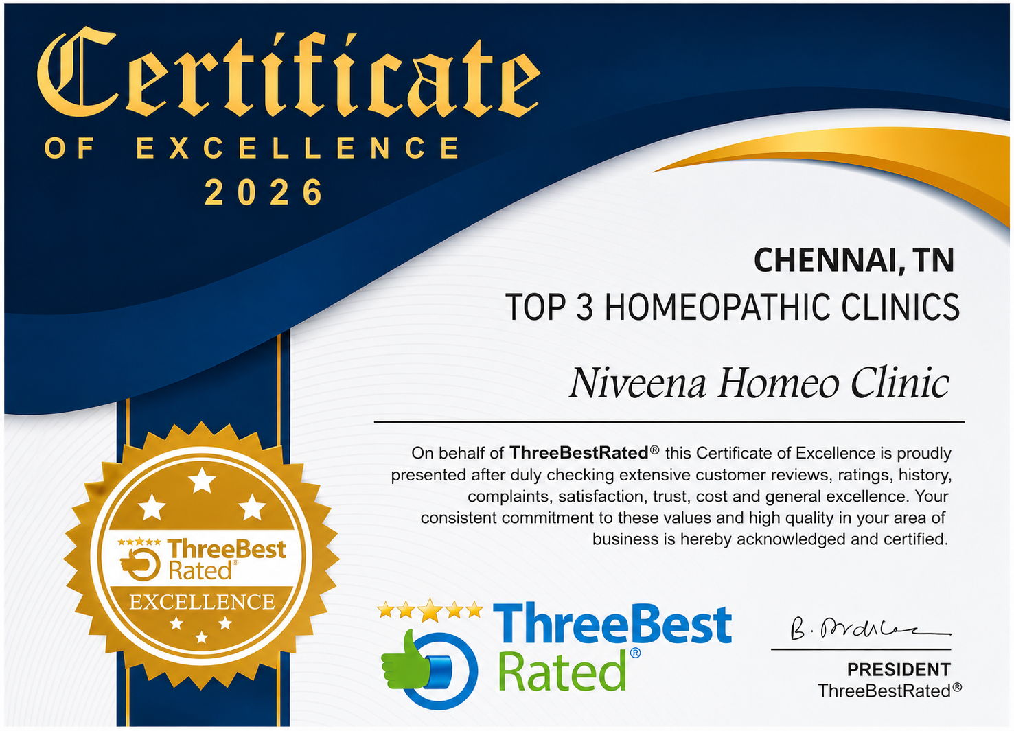 2026 ThreeBestRated Certificate of Excellence for Niveena Homeo Clinic